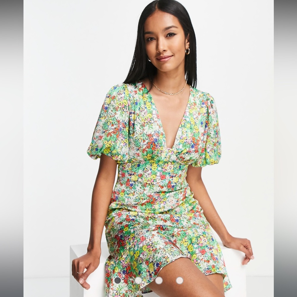 Topshop Green Puff Sleeve Mini Dress V-Neck Cocktail